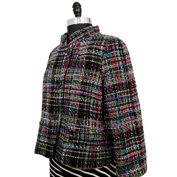 Talbots Sz 14 Petite Nehru Cropped Wool Blend Blazer Multi-Color Textured Tweed - Picture 12 of 14